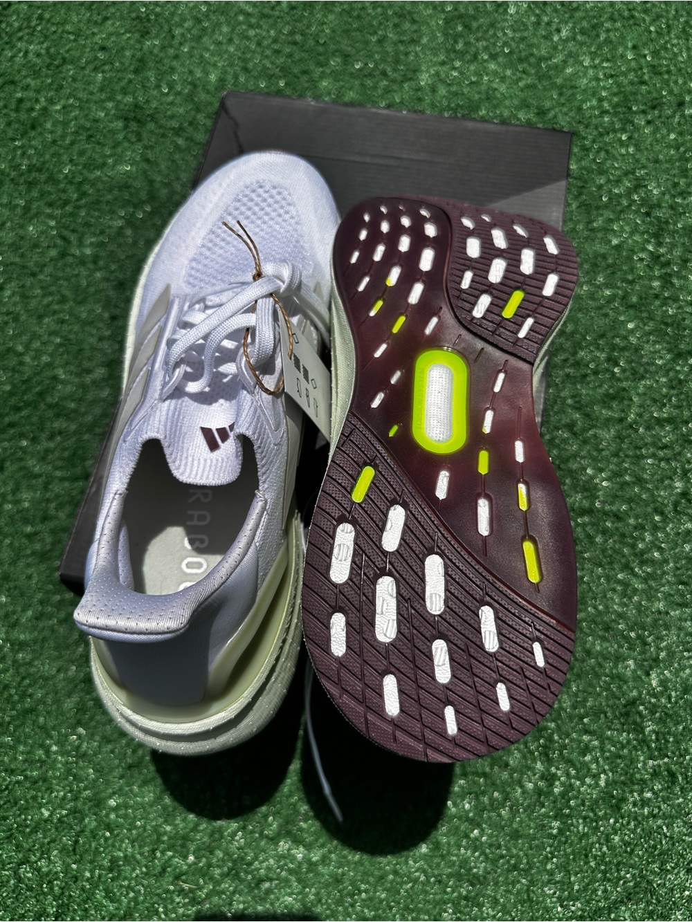 adidas Women's White and Dark Burgundy Running Shoes with Neon Yellow Accents